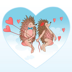 Blue Valentine Card with a pair of hedgehogs in love sitting on a cloud nine in the sky having a romantic date holding two heart-shaped balloons on azure background, a Valentine's day postcard print
