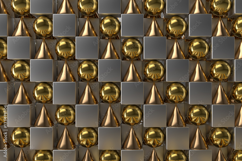 Poster 3d rendering abstract background with metallic geometric shapes. primitives form repeatable backgrou
