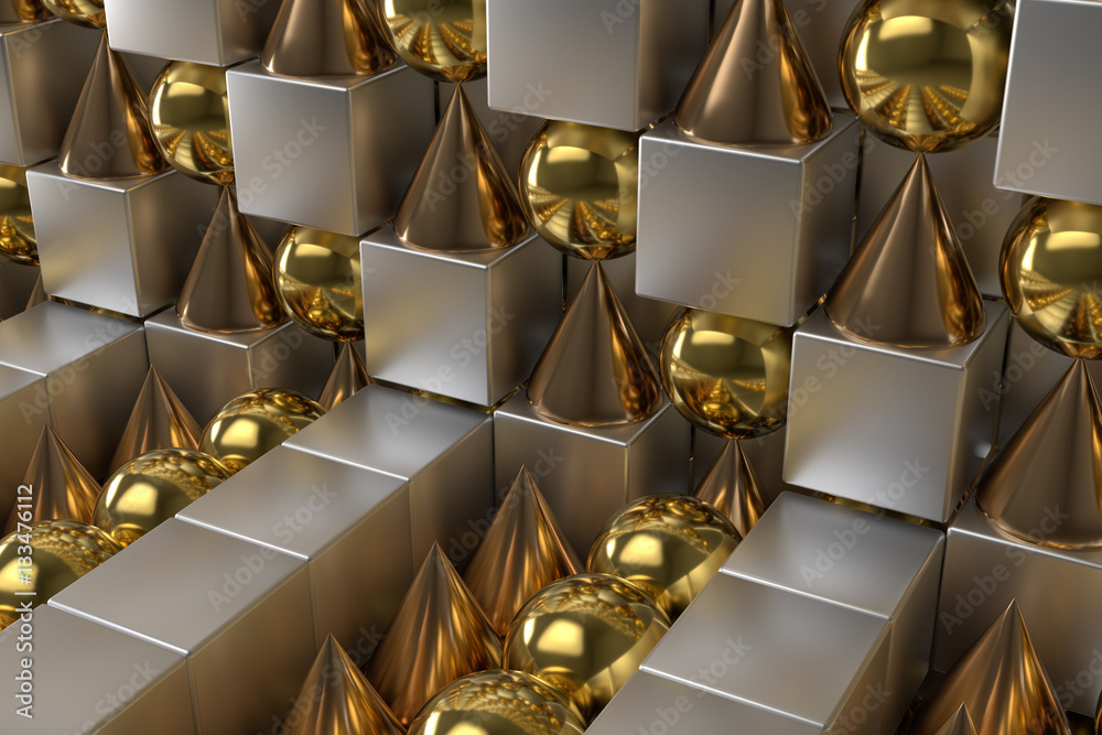 Poster 3d rendering abstract background with metallic geometric shapes. primitives form repeatable backgrou