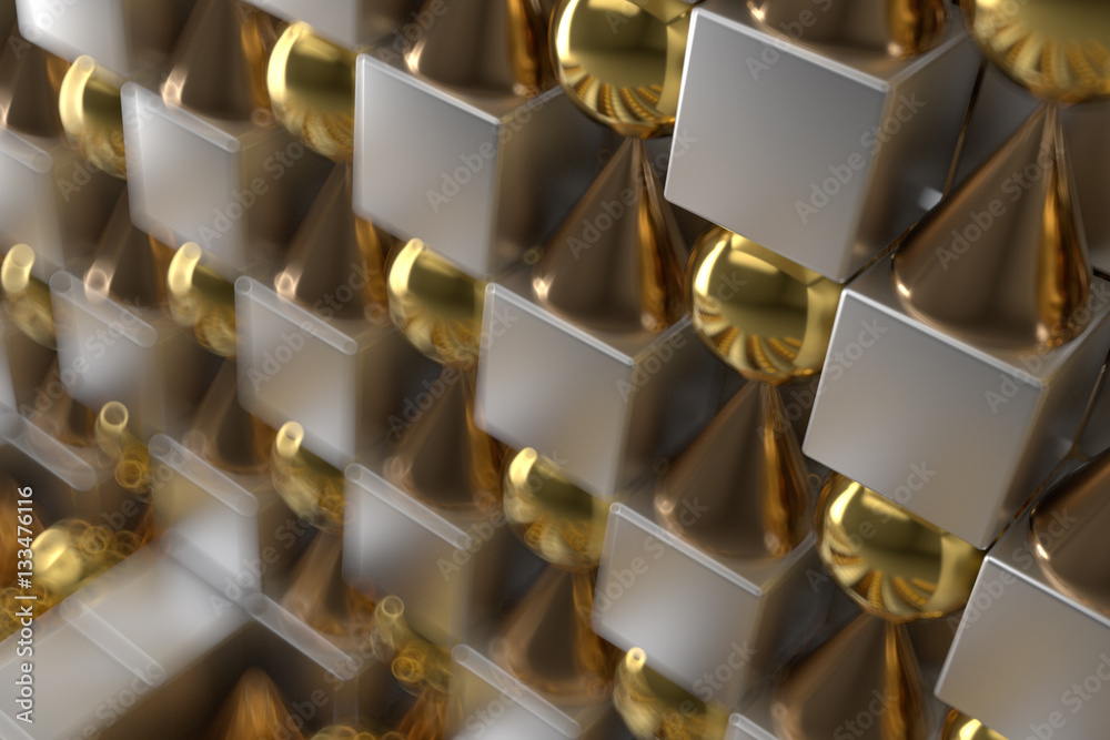 Poster 3d rendering abstract background with metallic geometric shapes. primitives form repeatable backgrou