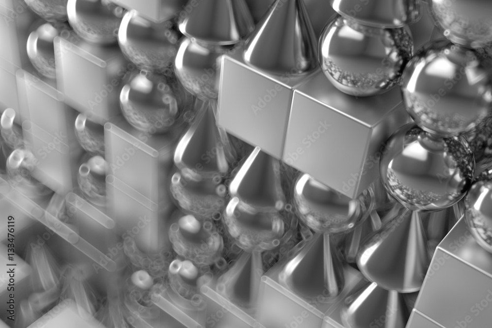 Poster 3d rendering abstract background with metallic geometric shapes. primitives form repeatable backgrou