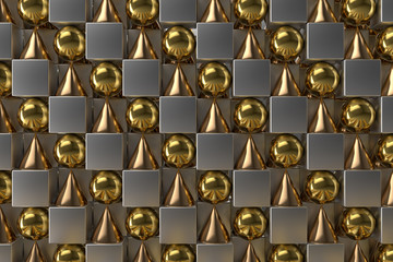 3d rendering abstract background with metallic geometric shapes. Primitives form repeatable background with shiny reflections.