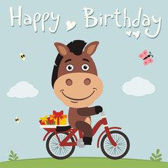 Happy birthday! Funny horse on bike with gifts. Birthday card with cute horse in cartoon style