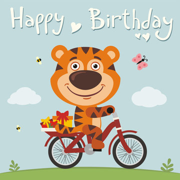 Happy birthday! Funny tiger on bike with gifts. Birthday card with cute tiger in cartoon style