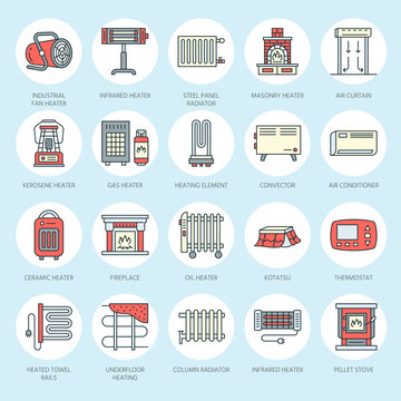 Oil heater, fireplace, convector, panel column radiator and other house heating appliances line icons. Home warming thin linear pictogram such as kotatsu, Russian oven. Equipment store signs.