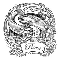 Zodiac sign - Pisces. Two fishes jumping from the water. Circle composition, decorative frame of roses. Vintage art nouveau style concept art for horoscope, tattoo or colouring book. EPS10 vector