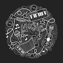 Abstract Music Background ,Collage with musical instruments.Hand drawing Doodle,vector illustration.