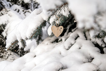 of wood toys in the form of heart hanging in the branches of trees 