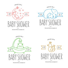 Baby shower hand drawn invitations set. Vector vintage illustration.