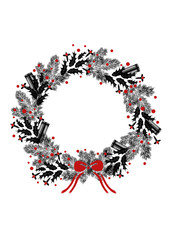 Christmas card with a hand drawing of black wreath of mistletoe, spruce, cinnamon and spices isolated on white background. New Year backdrop. © finepoints
