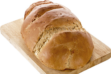 Homemade Golden Brown Rye Bread on Wooden Slicing Board