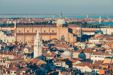 Fototapeta na wymiar Aerial view in winter from the San Marco Square, Venice, Veneto, Italy. Panoramic view at sunset.