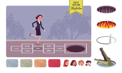 Young carefree businesswoman playing hopscotch, danger in front