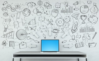 Manuscript project presentation written on a grey wall over desk