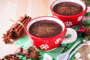 hot chocolate in a cup on a Christmas background, selective focus, copy space