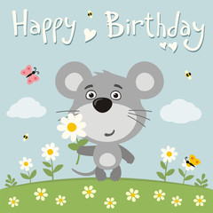 Happy birthday! Cute mouse with flower on meadow. Birthday card with funny mouse in cartoon style.
