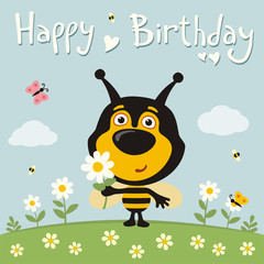 Happy birthday! Cute bee with flower on meadow. Birthday card with funny bee in cartoon style.