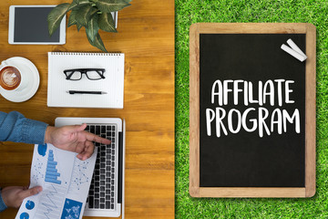 AFFILIATE PROGRAM Thoughtful male person looking to the digital