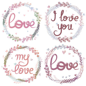 Fototapeta set of tender wreaths with inscriptions about love