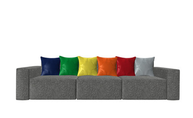 Graues Sofa mit bunten Kissen isoliert auf weiß