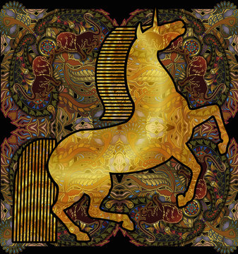 golden unicorn, floral ethnic patterned background