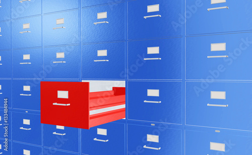 "Aktenschrank mit geöffneter roter Schublade" Stockfotos und