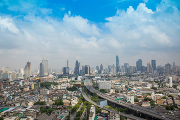 Landscape of bangkok city building, expressway, highway with cloud and blue sky, Thailand