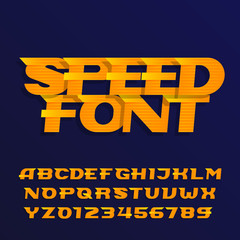Speed alphabet font. Effect italic type letters and numbers on a dark background. Vector typeface for your design.