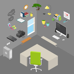 Vector isolated isometric office objects and furniture on the da