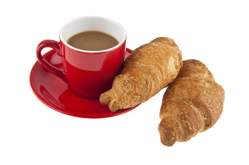red coffee Cup and croissant