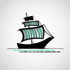 cartoon black graphic ship with blue striped sails.