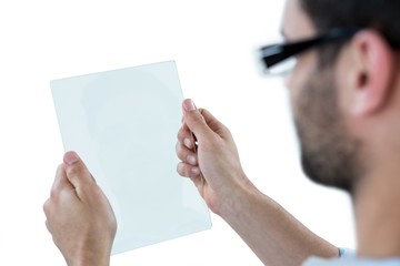 Man using futuristic digital tablet
