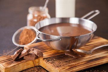 hot chocolate in a pan on a board, selective focus, copy space