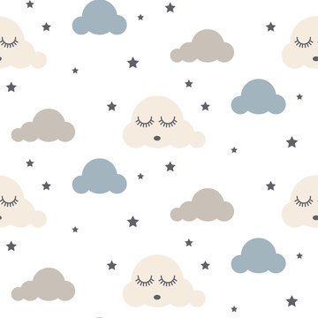 Sleepy clouds seamless kid vector pattern. Gray, blue and white background. Cute baby style textile fabric cartoon scandinavian ornament.