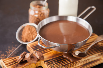 hot chocolate in a pan on a board, selective focus, copy space