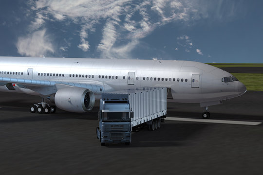 LKW und Flugzeug auf dem Vorfeld eines Flughafens