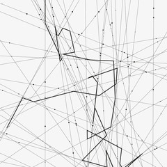 Monochrome minimalistic vector illustration. Modern schematic background with crossing lines and random dots. Element of design.