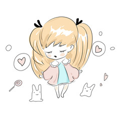 Cute chibi little girl plays with her toys