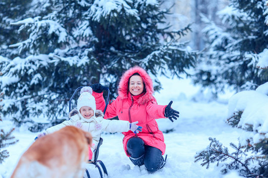happy family with dog in winter park