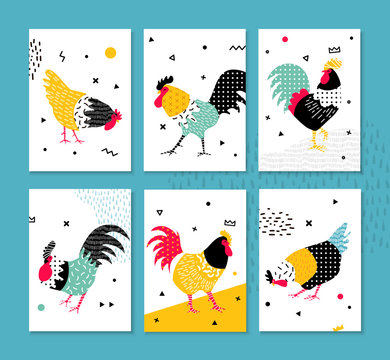 Set roosters in a pop art style.