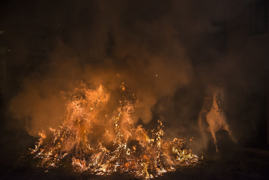 Caballos saltando hogueras de fuego en la noche de las luminarias para celebrar el d&iacute;a de San Ant&oacute;n, patr&oacute;n de los animales en el pueblo de San  bartolom&eacute; de Pinares en Espa&ntilde;a