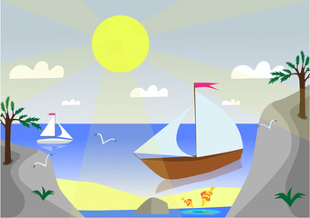 Fototapeta na wymiar Summer landscape with a ship drawing