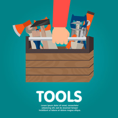 Repairman holding toolbox. Vector illustration flat design style. Hand with instrument isolated. Concept of repair services. Set instrument builder, handyman.