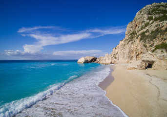 Aerial of the amazing Kathisma beach in Lefkada island Greece