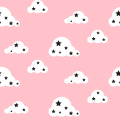 Obraz premium Cloudy pink sky seamless kid vector pattern. Gray background. Minimalist baby style textile fabric cartoon scandinavian ornament.