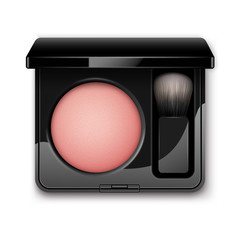 Vector Round Blusher in Black Rectangular Plastic Case with Makeup Brush Applicator Top View Isolated on White Background