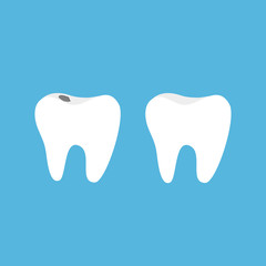 Healthy and bad ill tooth icon set with caries. Oral dental hygiene. Children teeth care. Blue background. Flat design.