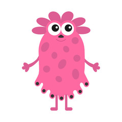 Funny girl monster with big eyes. Cute cartoon character. Pink color. Baby collection. Isolated. Happy Halloween card. White background. Flat design.