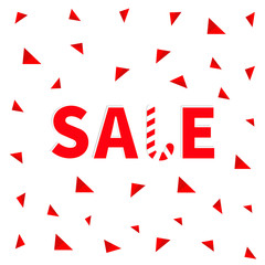 Sale red text Candy cane banner, advertising poster. Winter Merry Christmas season offer. Flat design. White background with triangles. Isolated.
