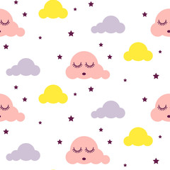 Sleepy clouds girlish seamless kid vector pattern. Pink, yellow and white background. Cute baby style textile fabric cartoon scandinavian ornament.